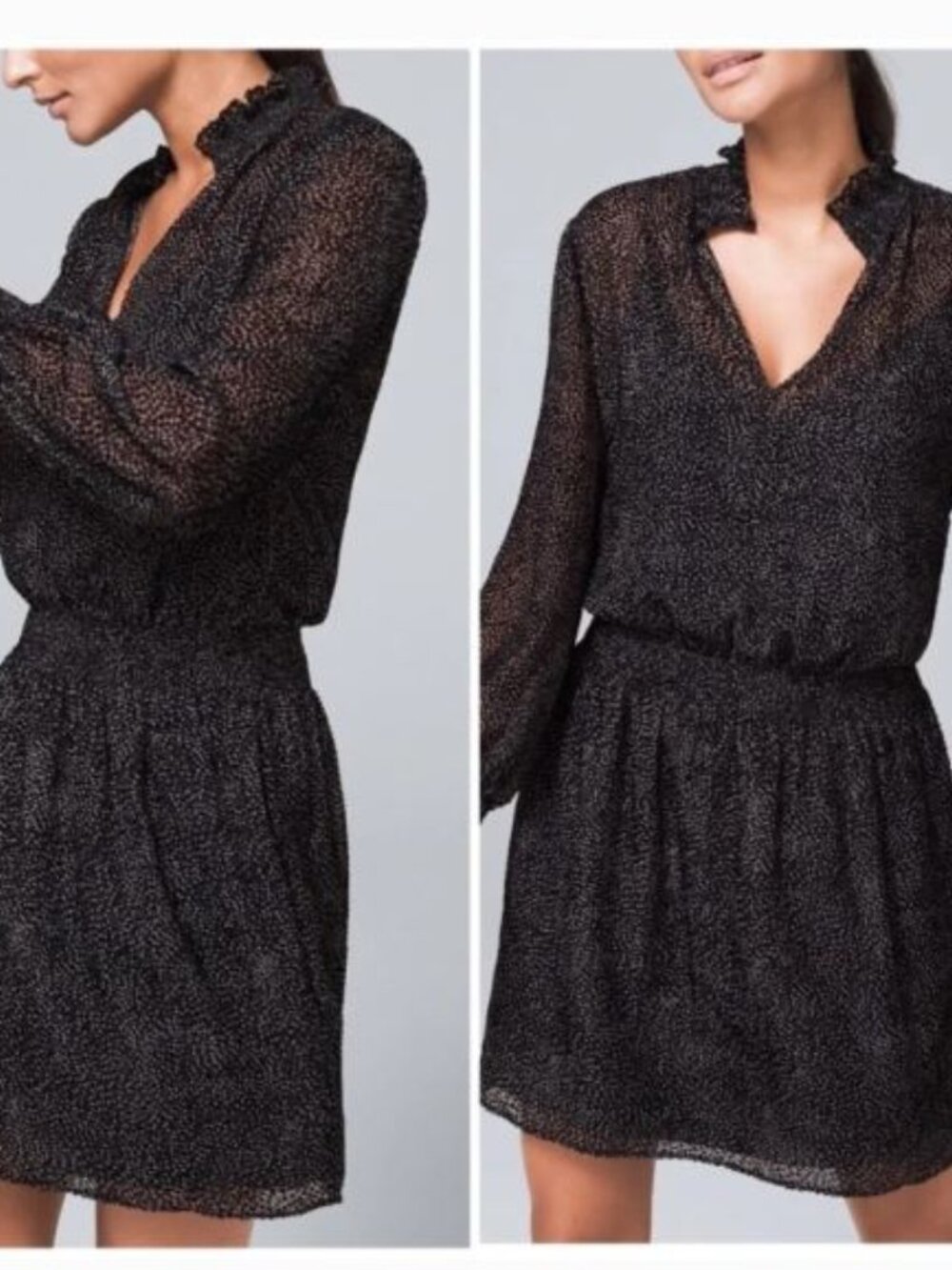 WHBM Polka Dot Blouson Dress Large Black White Sheer Mesh Mini Cocktail Casual